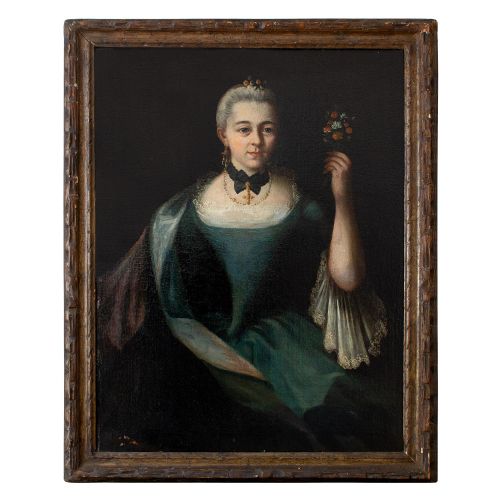French School, 18th-century Portrait of a Lady Holding a Posy, Antique Oil Painting