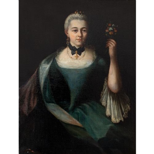 fig 1. French School, 18th-Century Portrait Of A Lady Holding A Posy, Antique Oil Painting