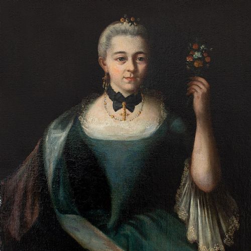 fig 2. French School, 18th-Century Portrait Of A Lady Holding A Posy, Antique Oil Painting