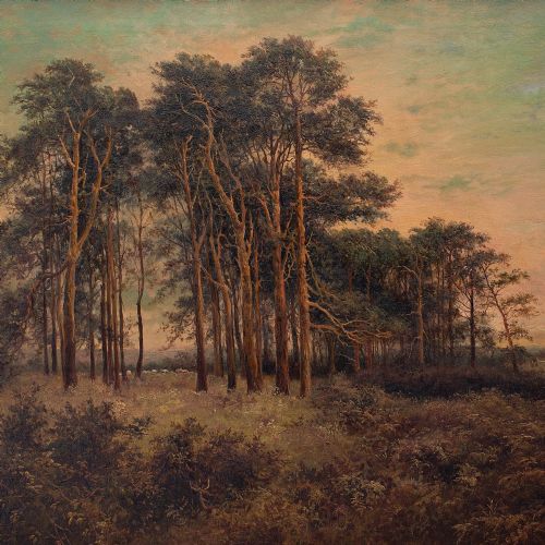 fig 1. Daniel Sherrin, Woodland Landscape With Pine Trees & Distant Buildings, Oil Painting