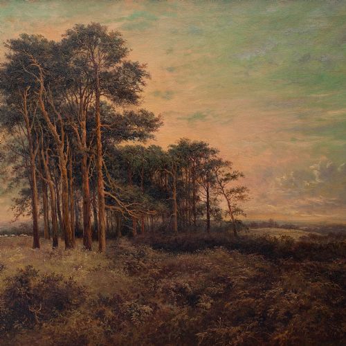 fig 2. Daniel Sherrin, Woodland Landscape With Pine Trees & Distant Buildings, Oil Painting