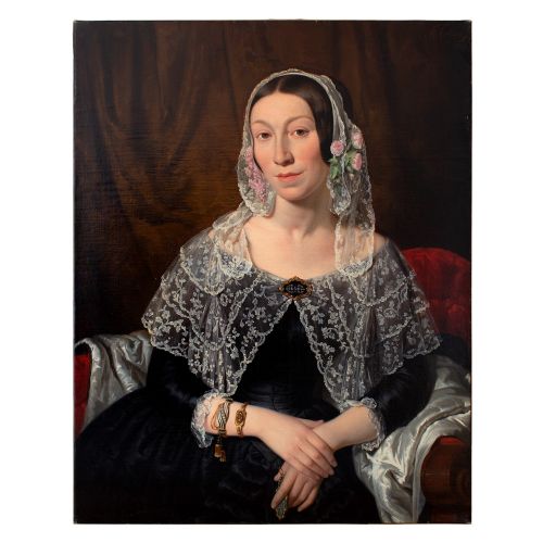 fig 1. Moritz Calisch, Portrait Of A Lady With A Floral Bonnet, Mid-19th Century Oil Painting