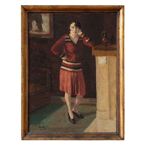 Henri Mathy, Portrait of a Woman in a Red Skirt, 1920s Oil Painting, Fashion