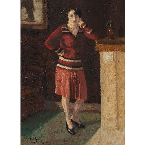 fig 1. Henri Mathy, Portrait Of A Woman In A Red Skirt, 1920s Oil Painting, Fashion