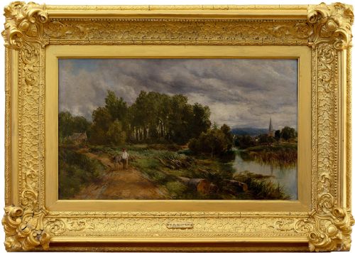 Thomas James Soper, Rural Landscape with River & Distant Church, 19th-century Antique Oil Painting