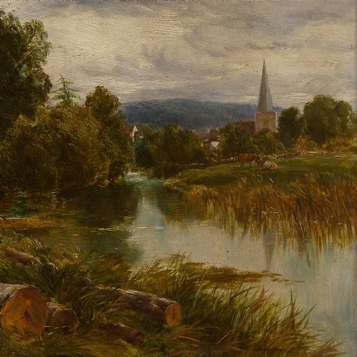 fig 5. Thomas James Soper, Rural Landscape With River & Distant Church, 19th-Century Antique Oil Painting
