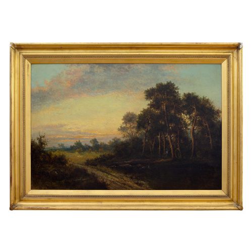 fig 1. Daniel Sherrin, Rural View With Pine Trees & Sunset, 19th Century English Landscape Painting