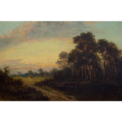 fig 2. Daniel Sherrin, Rural View With Pine Trees & Sunset, 19th Century English Landscape Painting