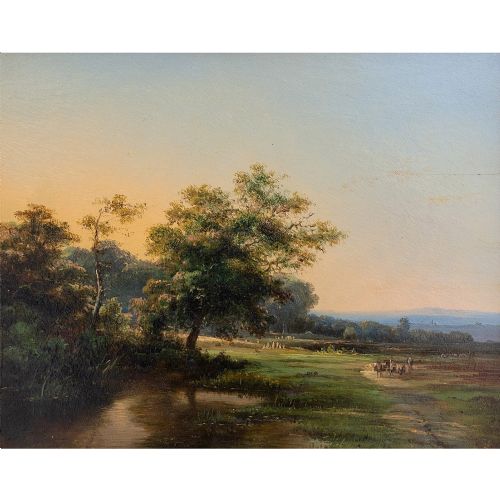 fig 1. Cornelis Jan Bolt, Pastoral Landscape With Distant Hills, 19th Century Dutch Antique Oil Painting