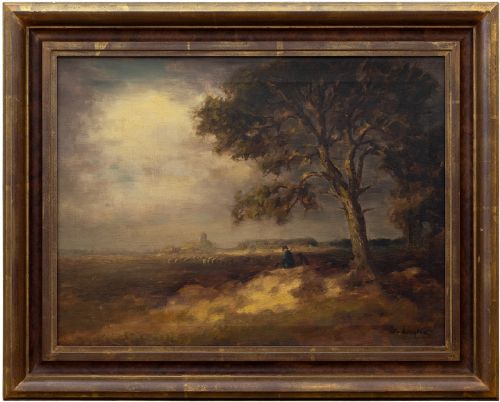 Fedor Van Kregten, Heathland with Shepherd, Dog & Sheep, Early 20th-century Oil Painting