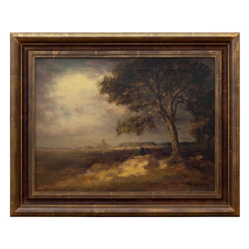fig 1. Fedor Van Kregten, Heathland With Shepherd, Dog & Sheep, Early 20th-Century Oil Painting