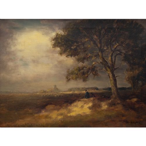 fig 2. Fedor Van Kregten, Heathland With Shepherd, Dog & Sheep, Early 20th-Century Oil Painting
