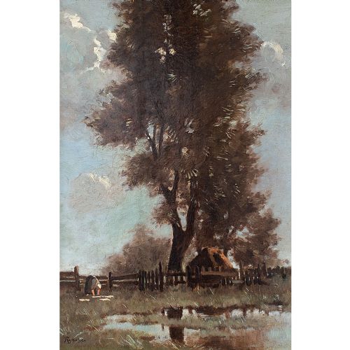 fig 1. Piet Rackwitsz, Landscape With Farm Building, Dutch Oil Painting, c. 1930