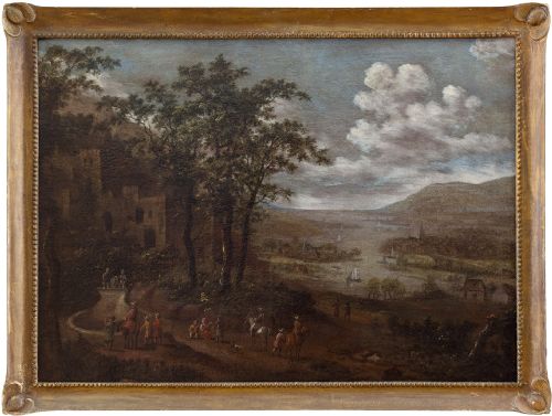 17th-century Flemish School Landscape with Well & Coastal View, Oil Painting