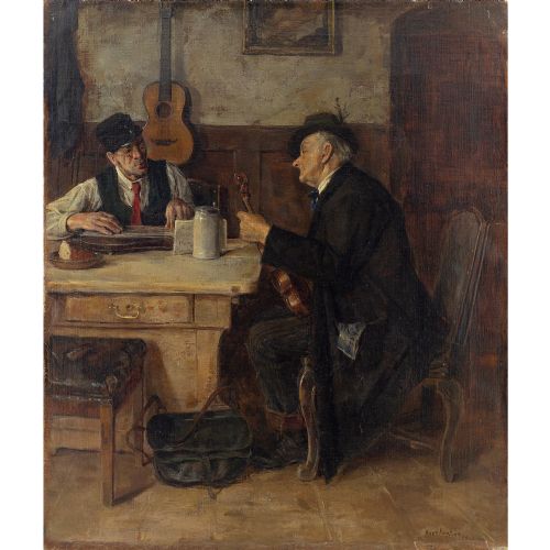 fig 1. Hans Kratzer, Interior Scene With Musicians, 19th Century Antique Oil Painting