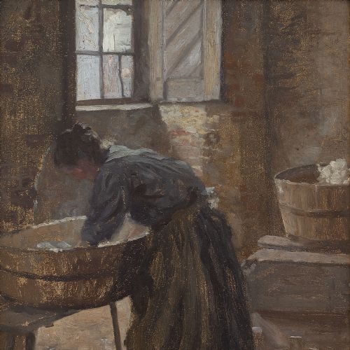 fig 1. Robert Panitzsch, The Laundry Room, Early 20th-Century Interior Scene, Oil Painting