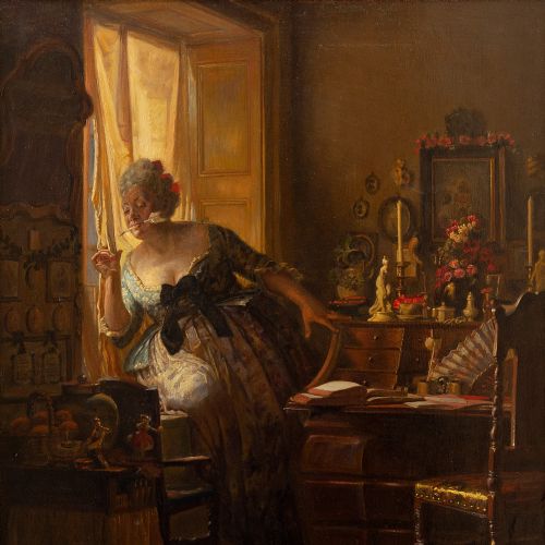 fig 1. Rasmus Christiansen, The Writing Maid, Antique Oil Painting