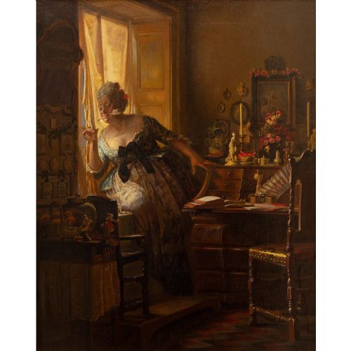 fig 2. Rasmus Christiansen, The Writing Maid, Antique Oil Painting