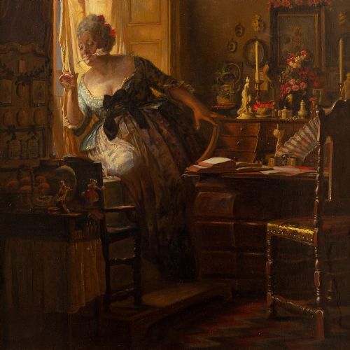 fig 3. Rasmus Christiansen, The Writing Maid, Antique Oil Painting