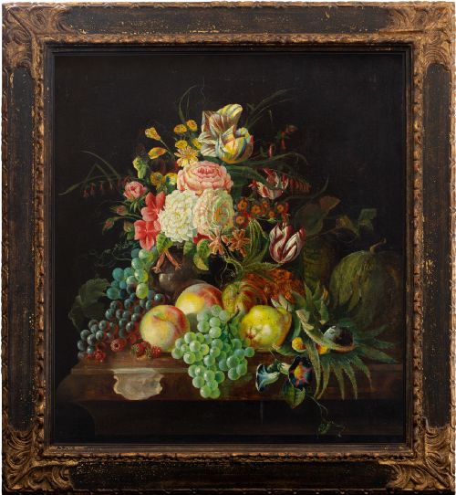 18th-century Still Life with Flowers, Fruit and Table, Antique Oil Painting