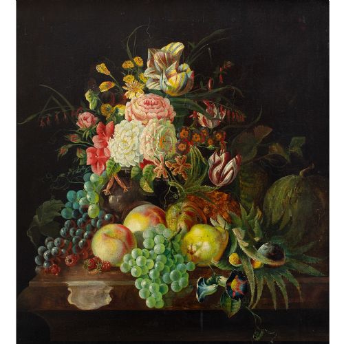 fig 1. 18th-Century Still Life With Flowers, Fruit and Table, Antique Oil Painting