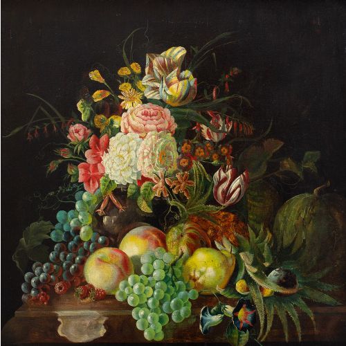 fig 2. 18th-Century Still Life With Flowers, Fruit and Table, Antique Oil Painting