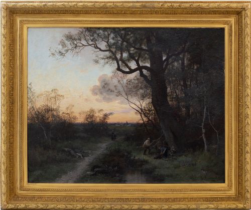 C Rousseau, Evening Landscape with Brushwood Collectors, 19th-century Oil Painting