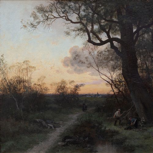 fig 2. C Rousseau, Evening Landscape With Brushwood Collectors, 19th-Century Oil Painting