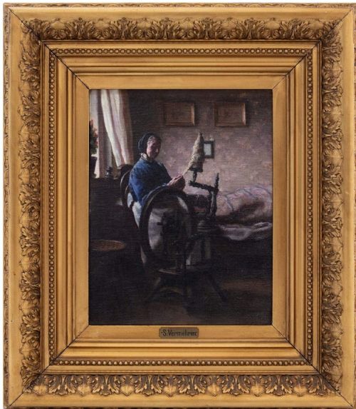 Sophus Vermehren, Interior Scene with Spinning Wheel, Antique Oil Painting