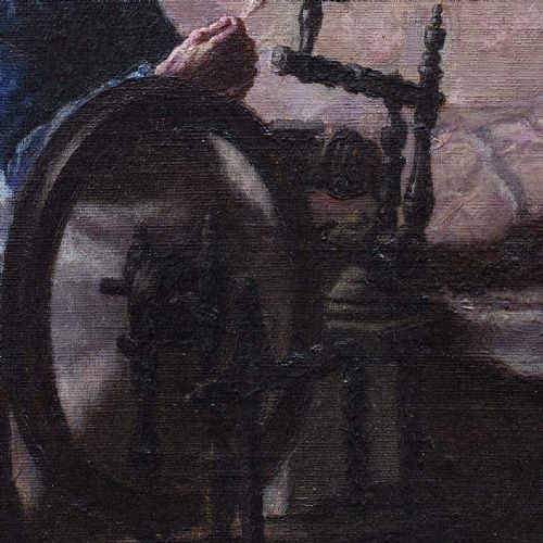 fig 1. Sophus Vermehren, Interior Scene With Spinning Wheel, Antique Oil Painting