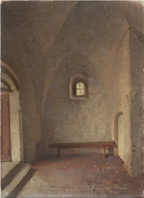 Harry Kluge, Church Interior with Bench, Antique Oil Painting