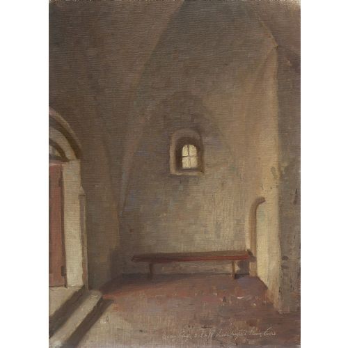 fig 1. Harry Kluge, Church Interior With Bench, Antique Oil Painting