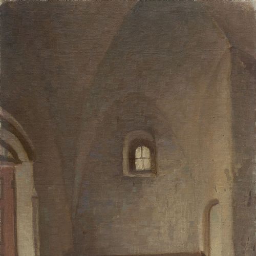 fig 2. Harry Kluge, Church Interior With Bench, Antique Oil Painting