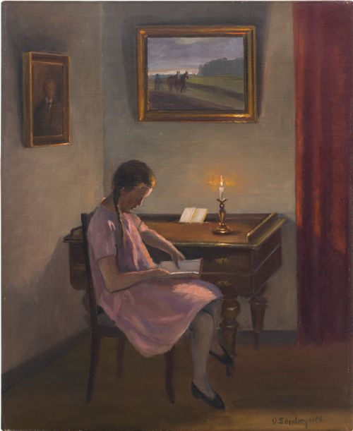 Ole Sondergaard, Reading by Candlelight, Early 20th-century Danish Painting