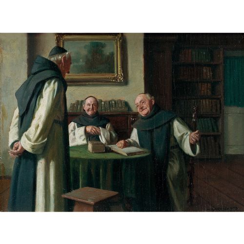 fig 1. Max Barascudts, A Lively Discussion, Early 20th-Century Oil Painting