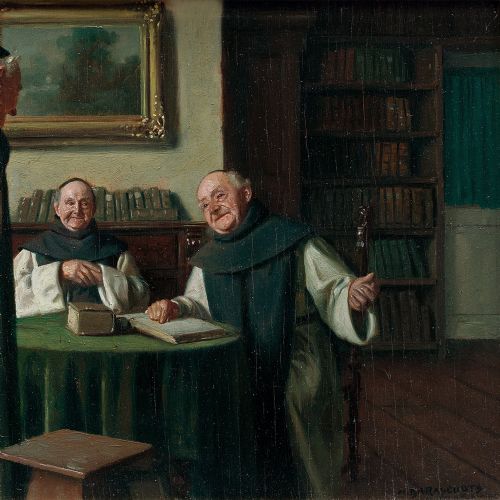 fig 3. Max Barascudts, A Lively Discussion, Early 20th-Century Oil Painting