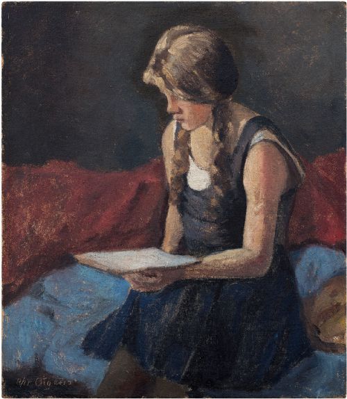 Christian Aigens, Portrait of a Girl Reading, Vintage Oil Painting