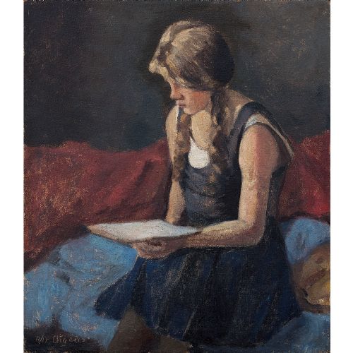 fig 1. Christian Aigens, Portrait Of A Girl Reading, Vintage Oil Painting