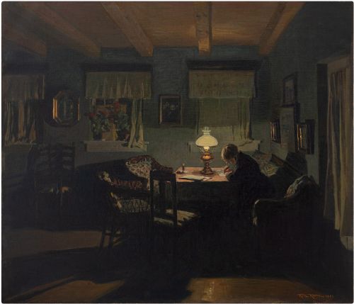 Fritz Kraul, Interior Scene with Older Woman Writing, Antique Danish Oil Painting