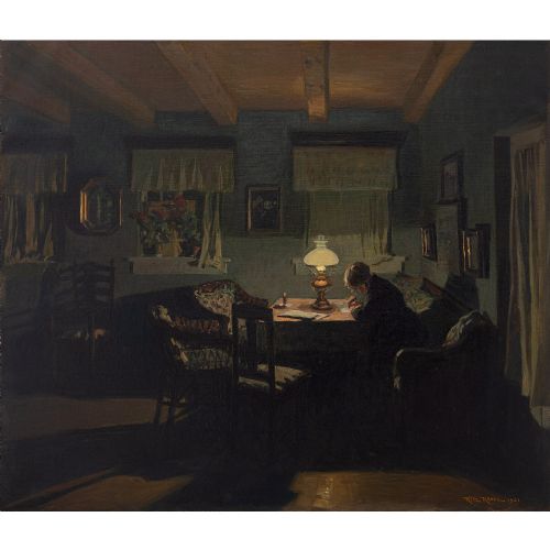fig 1. Fritz Kraul, Interior Scene With Older Woman Writing, Antique Danish Oil Painting