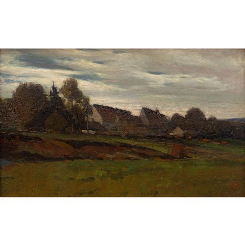 fig 1. Melchior Kern, Landscape With Meadow & Buildings, 19th Century German Oil Painting