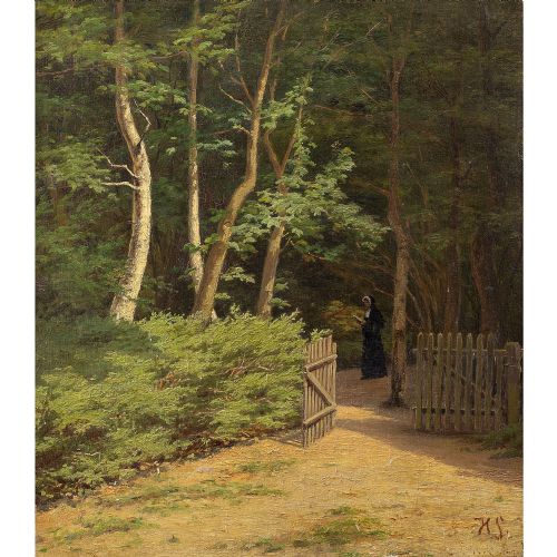 fig 1. Harald Schumacher, Landscape With Forest & Nun, Antique Oil Painting