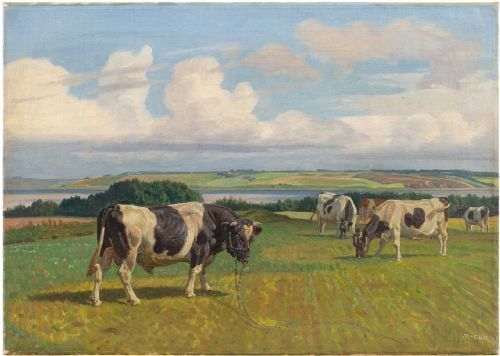 Rasmus Christiansen, Pastoral Landscape with Bull & Grazing Cows, Antique Oil Painting