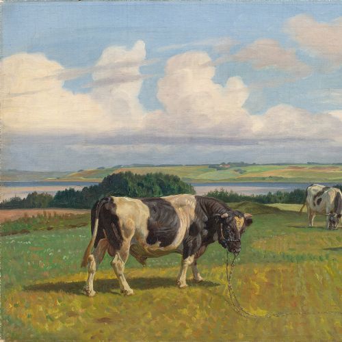 fig 1. Rasmus Christiansen, Pastoral Landscape With Bull & Grazing Cows, Antique Oil Painting