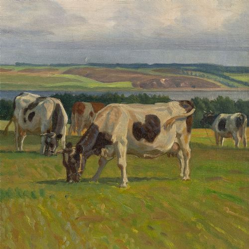 fig 2. Rasmus Christiansen, Pastoral Landscape With Bull & Grazing Cows, Antique Oil Painting