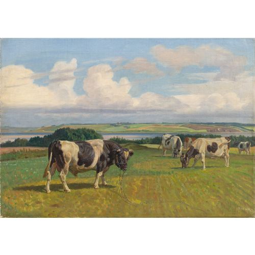 fig 3. Rasmus Christiansen, Pastoral Landscape With Bull & Grazing Cows, Antique Oil Painting