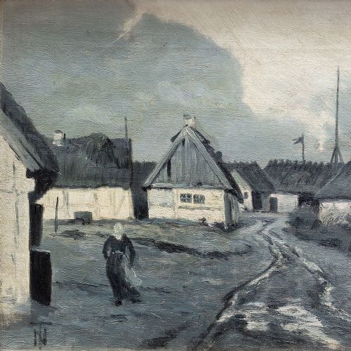 fig 3. Thorvald Niss, Rural Scene (Grisaille), 19th Century Antique Oil Painting