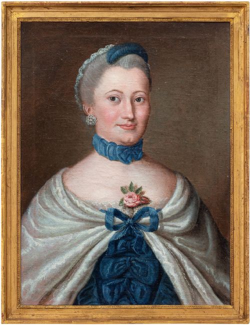 18th-century French School, Portrait of a Lady in Blue, Antique Oil Painting
