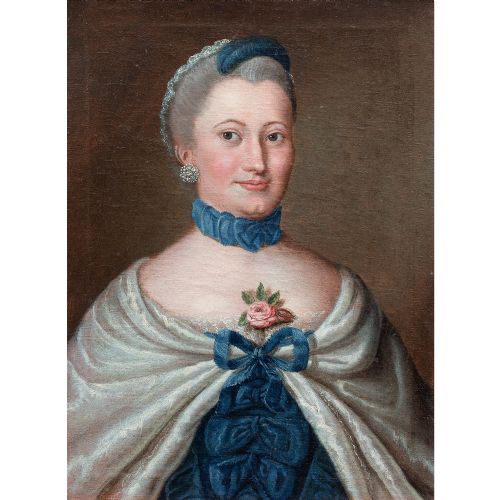 fig 1. 18th-Century French School, Portrait Of A Lady In Blue, Antique Oil Painting