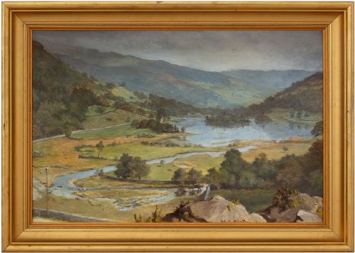 Henry Charles Heath, Mountainous Landscape with Lake, 19th-century Antique Oil Painting